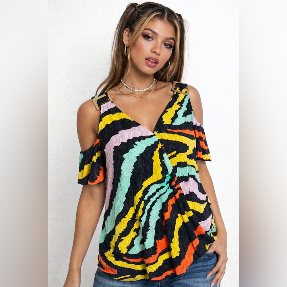 BOLD elements- Y2K Multicolor Abstract Blouse ًًًWith Gold Detailing Size M